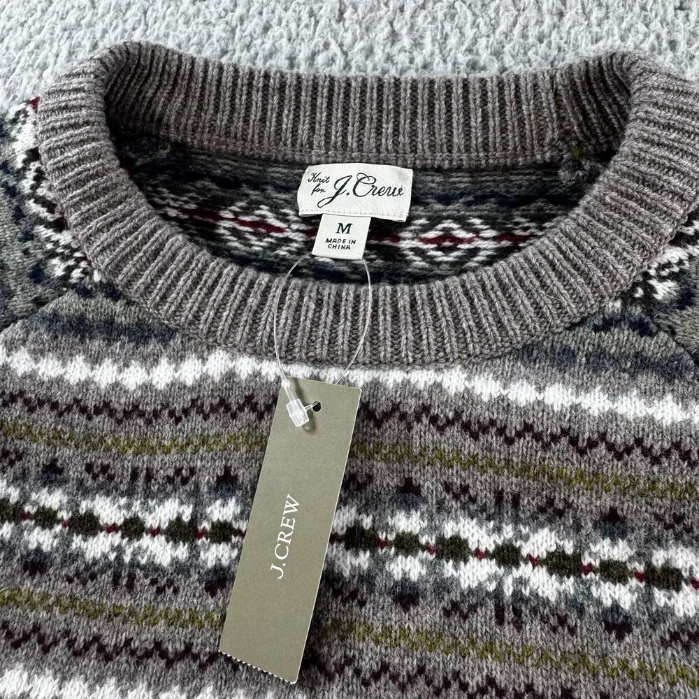 J.Crew Sweater Men's Fair Isle Crewneck Wool Heather Bark Jacquard NWT Medium